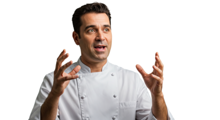Chef in white uniform gestures with hands while looking up with a surprised expression