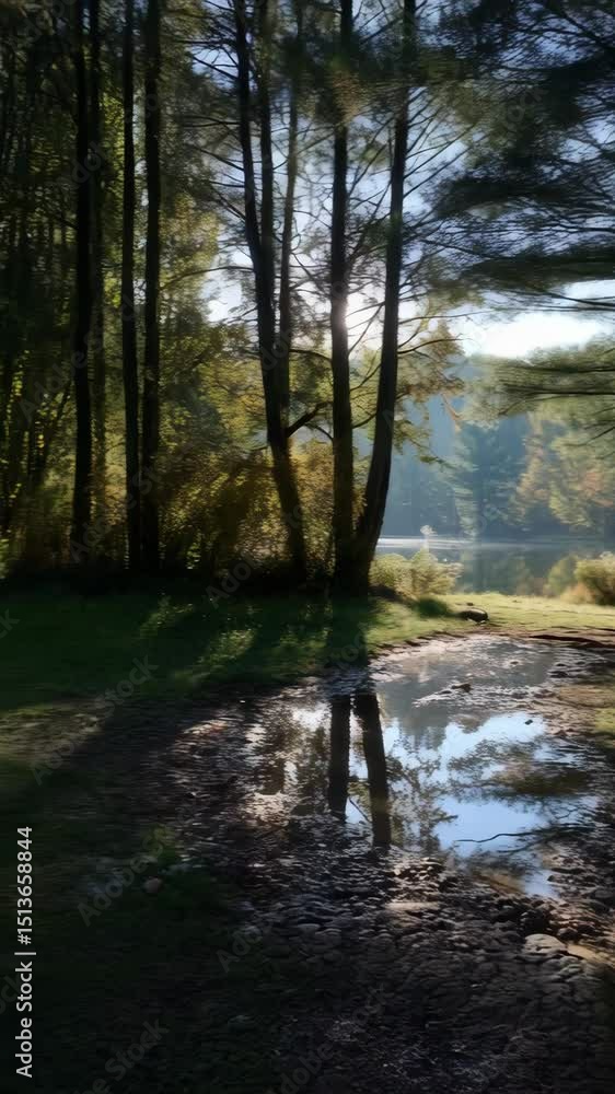 Aufkleber idyllic forest scene with path, trees, sunlight filtering through, reflection in puddle, creating a 