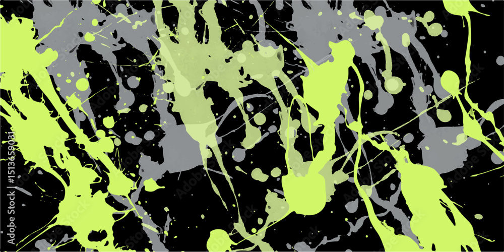 Poster abstract paint splatter background with light green and grey splashes on a black backdrop in a chaot