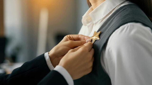 Woman receives star-shaped pin on vest from another person in formal attire