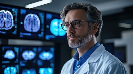 Doctor analyzing brain scans medical professional looking at mri images in hospital neuroscience research