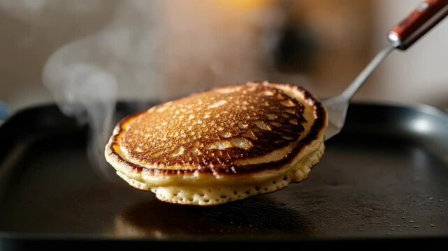 Steaming hot pancake being flipped on griddle, highlighting breakfast meal preparation