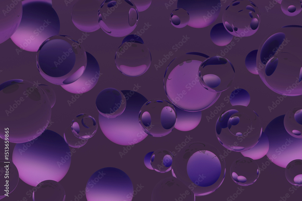 Poster dynamic 3d pattern of floating saturated purple translucent spheres on a dark backdrop. 3d rendering