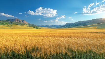 Fototapeta premium Golden wheat field stretches under a vibrant sky. Mountains rise in the distance