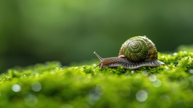 A tranquil close-up of a snail moving slowly on vibrant green moss, showcasing the beauty of nature and the serenity of a peaceful woodland environment.