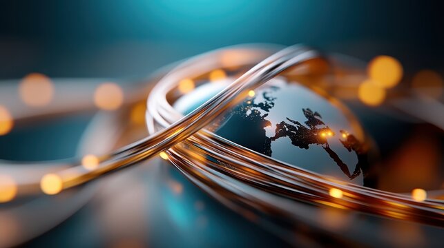 An artistic representation of the globe wrapped in glowing copper-like strands and lights, capturing the essence of global connectivity and modern technology.