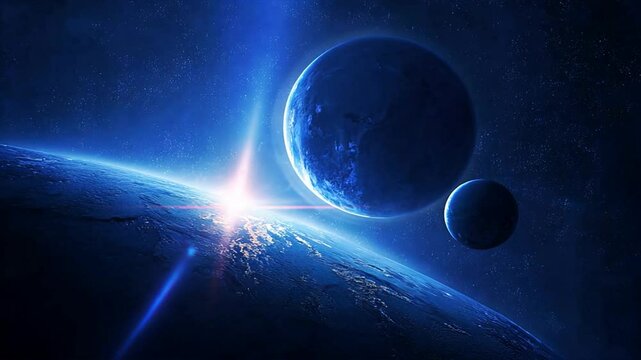 Blue planet with two moons in space, glowing with blue light beams and space rays, framed by blue spiral rays shining from the dark background