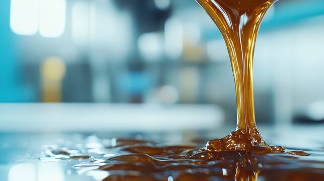Golden honey slowly drips from a container, pooling on a gleaming surface, embodying sweetness while showcasing the serene beauty of this natural delicacy.