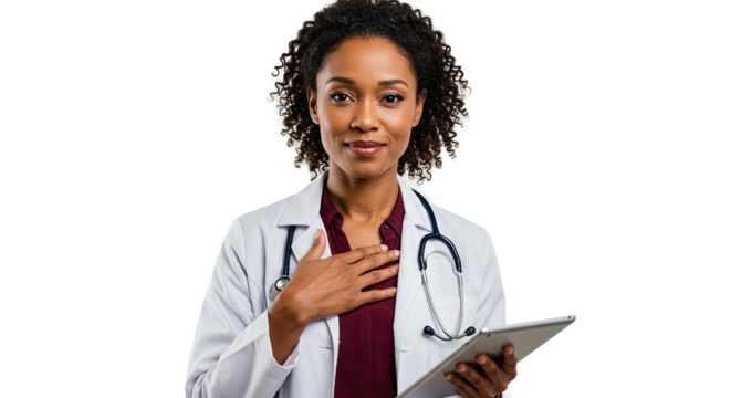 Confident African American female doctor holding a tablet and wearing a stethoscope