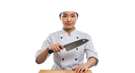 Confident Asian female chef holding a knife ready to prepare food on a wooden board