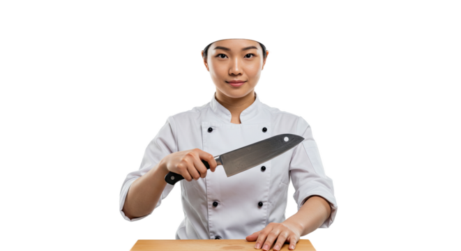 Confident Asian female chef holding a knife ready to prepare food on a wooden board - Powered by Adobe