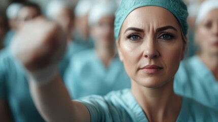 A focused female surgeon stands determinedly in the foreground, leading a team of healthcare professionals in a powerful display of solidarity and commitment to patient care.