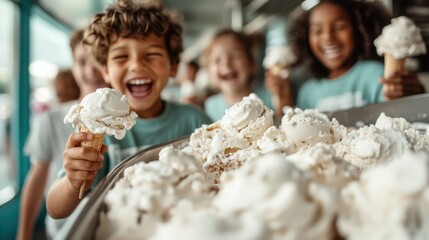 A group of happy children holding ice cream cones, laughing and enjoying a sunny day at an ice cream shop, capturing the essence of childhood joy and carefree moments.