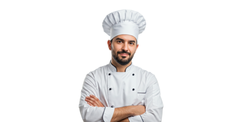 Confident chef with arms crossed wearing a traditional white uniform smiling