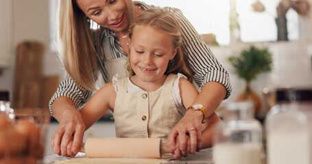 Baking, woman or child with rolling pin in house, learn and help for mom with dough and culinary skills. Cooking, mother or daughter with flour for meal prep, growth and development of kid in kitchen