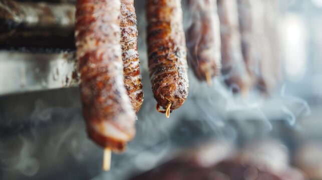 A stunning image of perfectly grilled meat skewers hanging from a barbecue rack, displaying their charred texture and smoky flavor, ideal for food enthusiasts and chefs.