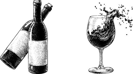 Engraved illustration of wine bottle and splashing glass for art and design projects