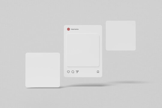 Floating Blank Social Media Post mockup with light gray background. 3d rendering