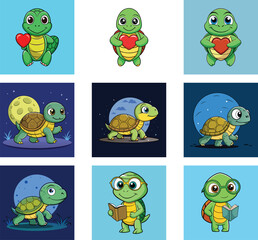 Cartoon Turtles Character Collection With Hearts And Books For Kids Illustrations