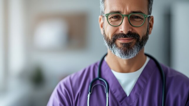A smiling healthcare professional wearing scrubs and glasses stands confidently, reflecting a modern and caring approach to patient-centered healthcare practices.