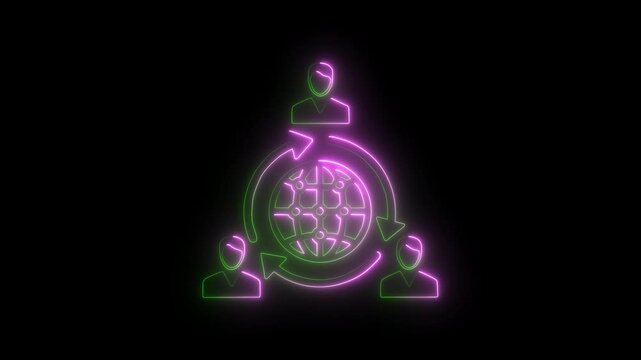 Neon global business team management icon animation with sobuj and golapi glow on black background