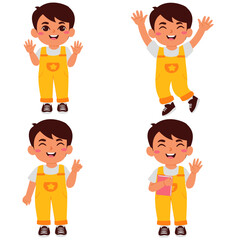 Cheerful Cartoon Boy Poses: Waving, Jumping, and Holding a Book
