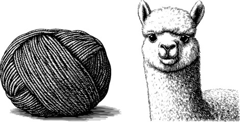 Fototapeta premium Engraved illustration of yarn ball and alpaca for textile and craft design