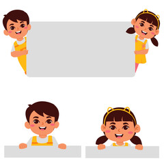 Cheerful Cartoon Kids Holding Blank Banners