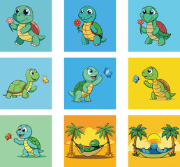 Cartoon Turtle Illustration Set With Flower Butterfly And Hammock Summer Vacation