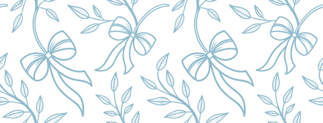 Seamless botanical ribbon pattern with blue bows and leafy vines on a white background. Elegant and minimal design perfect for textiles, packaging, and stationery. Hand-drawn and delicate style.