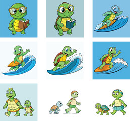 Cartoon Turtle Illustrations Depicting Reading,Surfing,And Family Scenes For Children