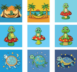 Cartoon Turtle Characters Collection Relaxing In Hammock Sitting On Mushroom Swimming In Space