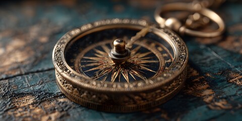 Fototapeta premium Ornate brass compass, intricate dial, centered on dark teal map. Soft light highlights brass texture. Sharp focus on compass rose. Vintage exploration, warm moody.