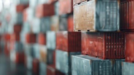 A large array of colorful shipping containers stacked neatly in a warehouse setting, representing global trade, logistics, and the interconnected world of commerce and transportation.
