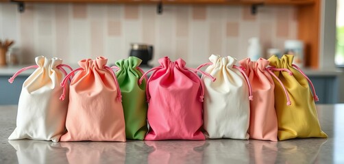 Ten pastel-colored fabric pouches in a row on a counter, smooth, storage