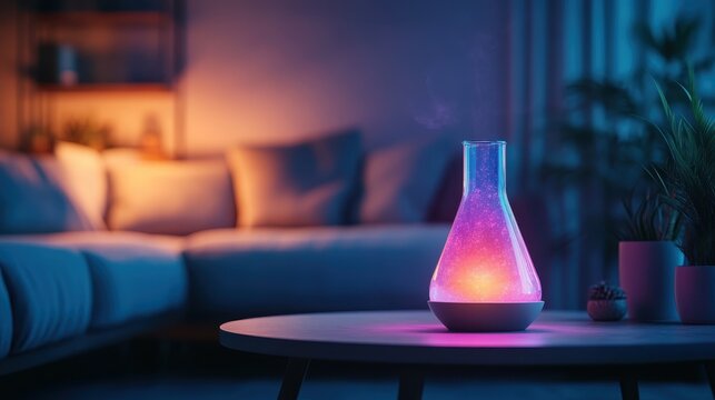 A glowing scientific flask radiates vibrant shades of blue and purple, creating a mystical atmosphere, perfect for symbolizing innovation, discovery, and modern technology.