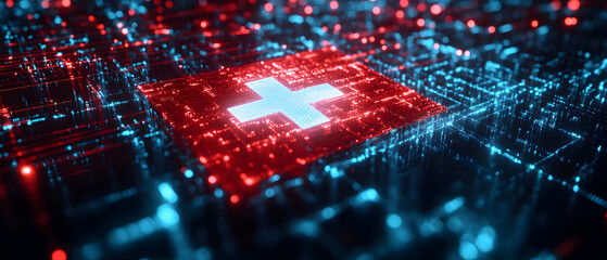 Swiss flag on a futuristic cyber network background. Red and blue light effects symbolize finance, technology, and cybersecurity. Concept of digital economy and banking in Switzerland