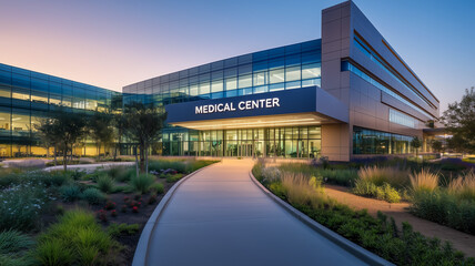 Fototapeta premium Modern medical center building with lush landscaping at dusk