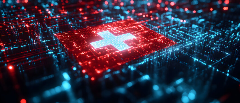 Swiss flag on a futuristic cyber network background. Red and blue light effects symbolize finance, technology, and cybersecurity. Concept of digital economy and banking in Switzerland