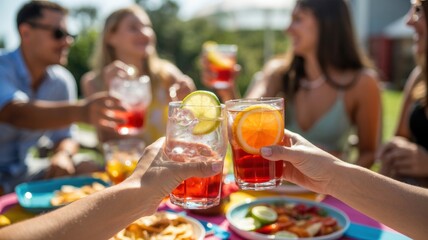 Group of young adults enjoying refreshing summer drinks at outdoor gathering