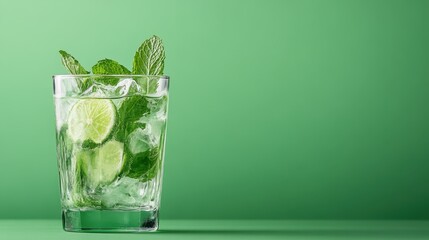 A refreshing and vibrant mint lime drink in a glass, showcasing crushed ice and vibrant green mint leaves, perfect for summer gatherings and relaxation.