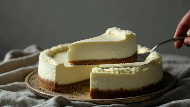 Slice being served from creamy cheesecake on wooden plate