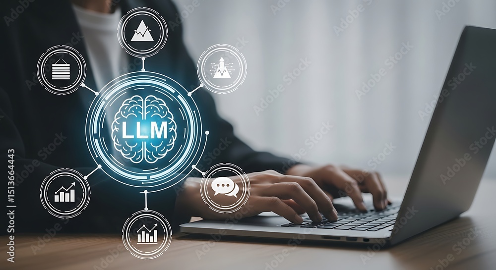 Poster business professional using laptop analyzing data with llm large language model concept