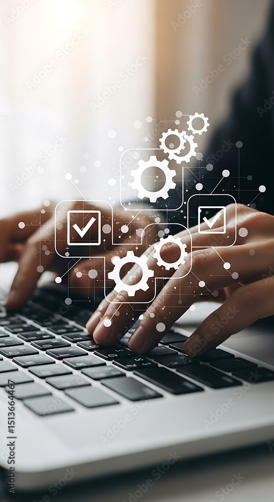 Poster business professional working on laptop with digital gears and check mark icons representing progres