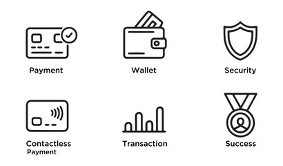 A collection of linear icons representing credit card concepts, including payment, wallet, security, contactless payment, transaction. Editable stroke. Medals, trophies and accolades celebrating suc