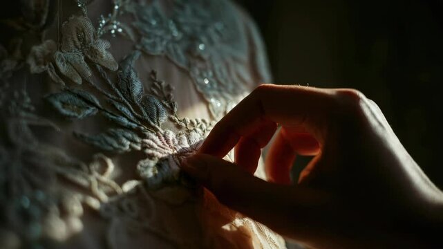 Hand touches wedding dress fabric, highlighting intricate floral embroidery in warm light