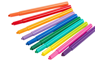 A collection of colorful felt tip pens arranged diagonally on a black background, vibrant and artistic