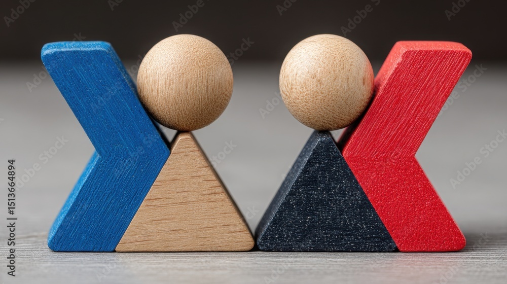 Poster two wooden figures standing together representing team dynamics and the importance of alignment in c