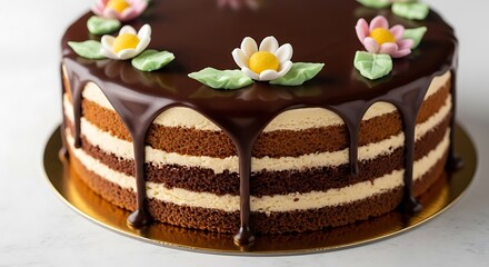 Delicious layered chocolate cake decorated with edible flowers on a gold cake stand