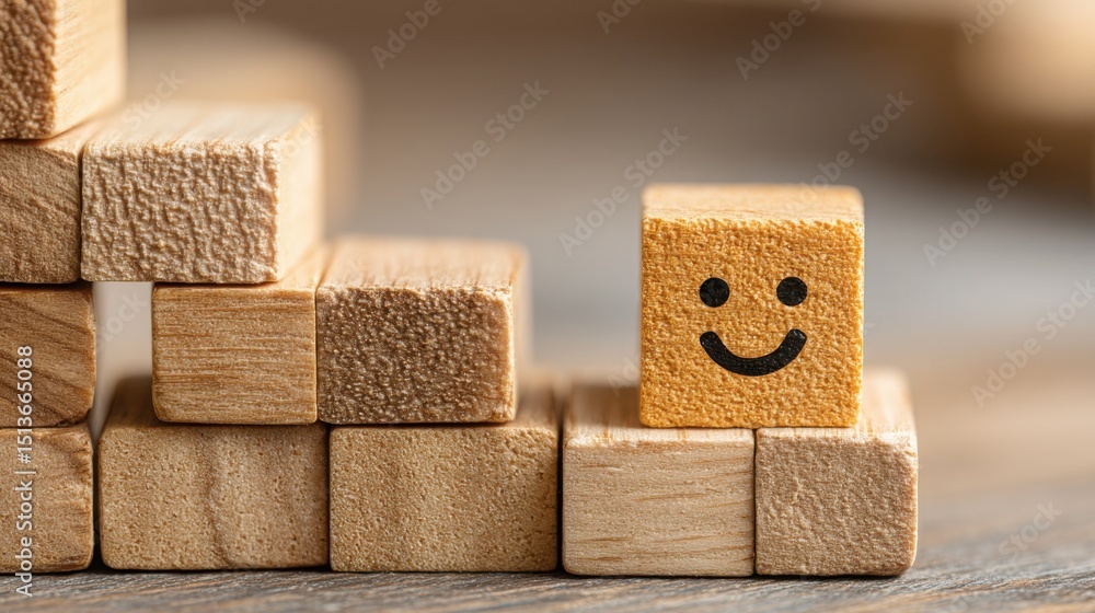 Poster smiley face design on a stack of colorful wooden blocks symbolizing user engagement and retention in